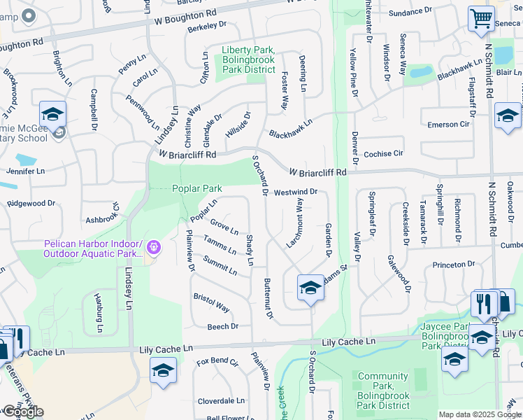 map of restaurants, bars, coffee shops, grocery stores, and more near 125 South Orchard Drive in Bolingbrook