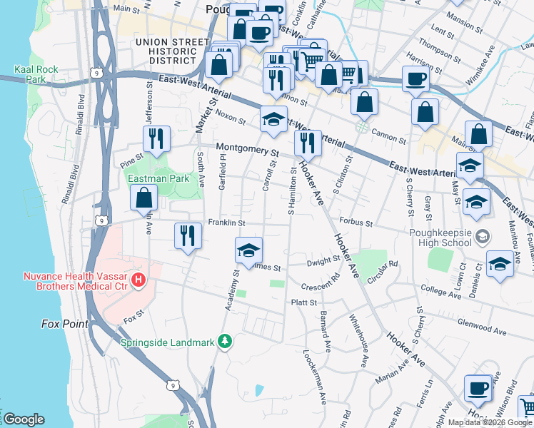 map of restaurants, bars, coffee shops, grocery stores, and more near 55 Carroll Street in Poughkeepsie