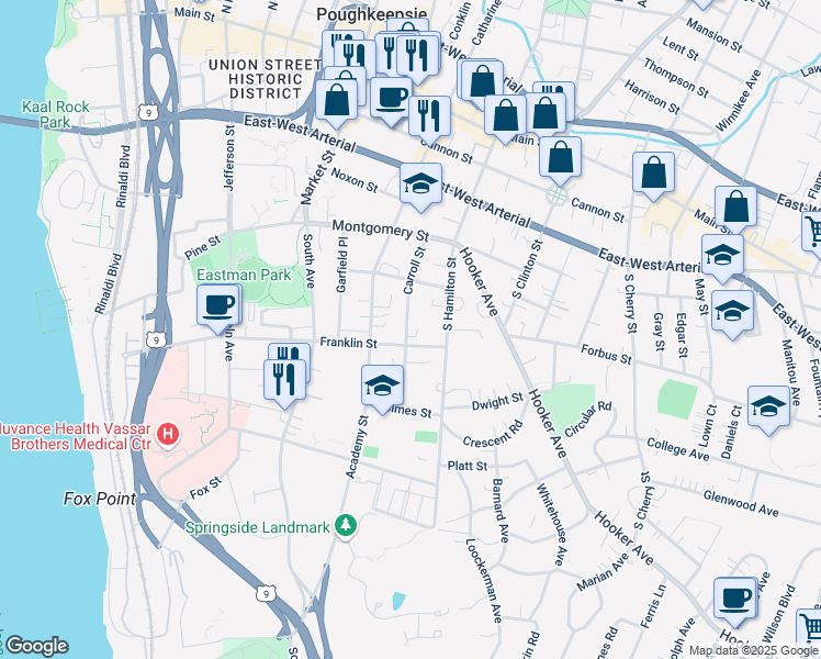 map of restaurants, bars, coffee shops, grocery stores, and more near 55 Carroll Street in Poughkeepsie