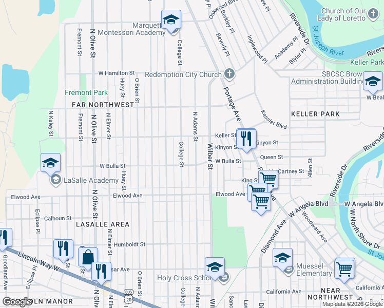 map of restaurants, bars, coffee shops, grocery stores, and more near 1641 North Adams Street in South Bend