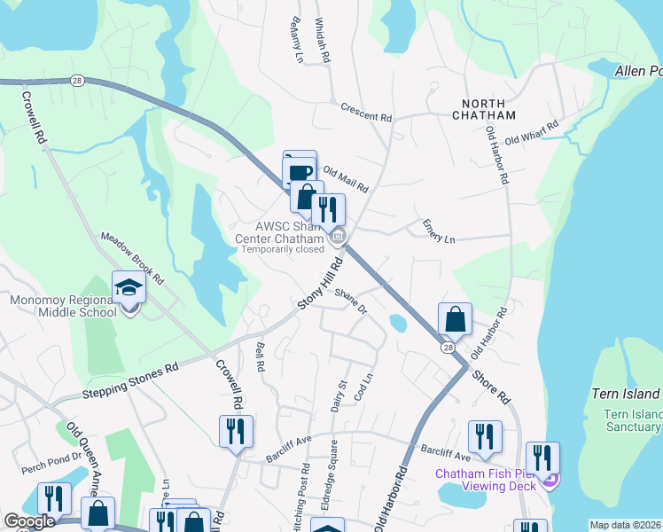 map of restaurants, bars, coffee shops, grocery stores, and more near 235 Orleans Road in Chatham