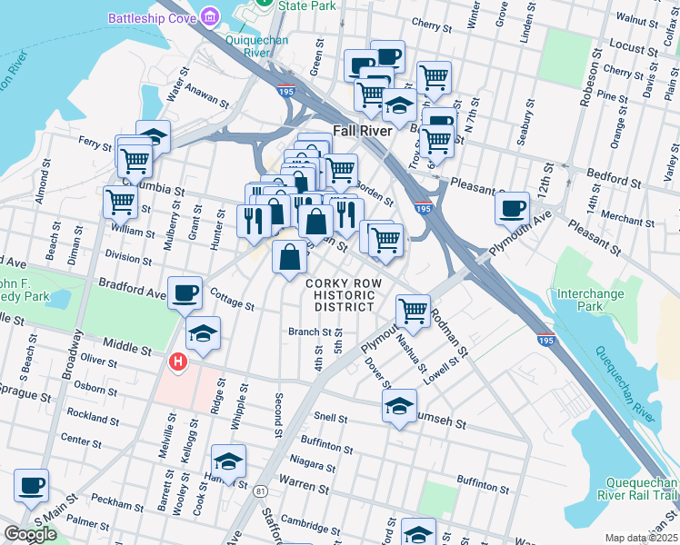 map of restaurants, bars, coffee shops, grocery stores, and more near 378 Third Street in Fall River