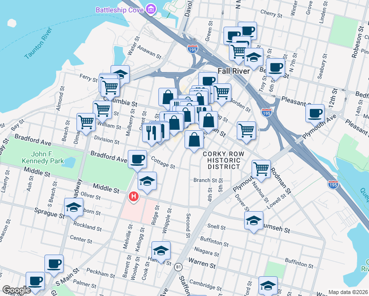 map of restaurants, bars, coffee shops, grocery stores, and more near 21 Ridge Street in Fall River
