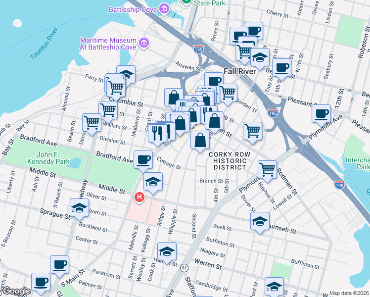 map of restaurants, bars, coffee shops, grocery stores, and more near 21 Ridge Street in Fall River
