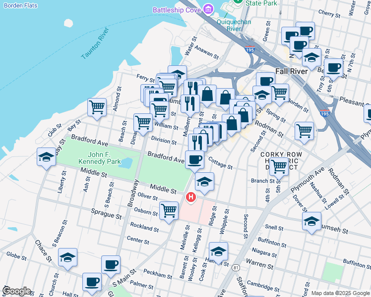 map of restaurants, bars, coffee shops, grocery stores, and more near 306 Mulberry Street in Fall River