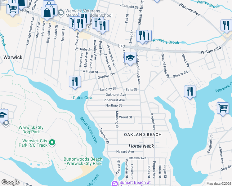 map of restaurants, bars, coffee shops, grocery stores, and more near 3 Langley Street in Warwick
