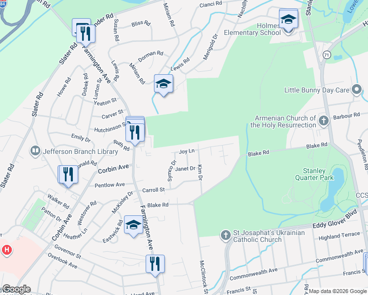 map of restaurants, bars, coffee shops, grocery stores, and more near 106 Joy Lane in New Britain