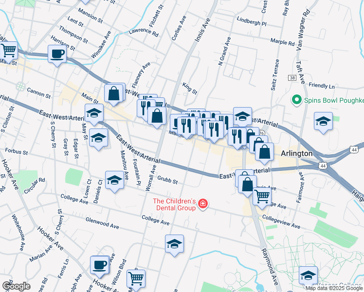 map of restaurants, bars, coffee shops, grocery stores, and more near 730 A Main Street in Poughkeepsie