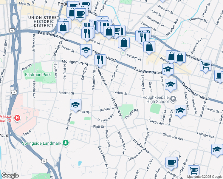 map of restaurants, bars, coffee shops, grocery stores, and more near 60 South Clinton Street in Poughkeepsie