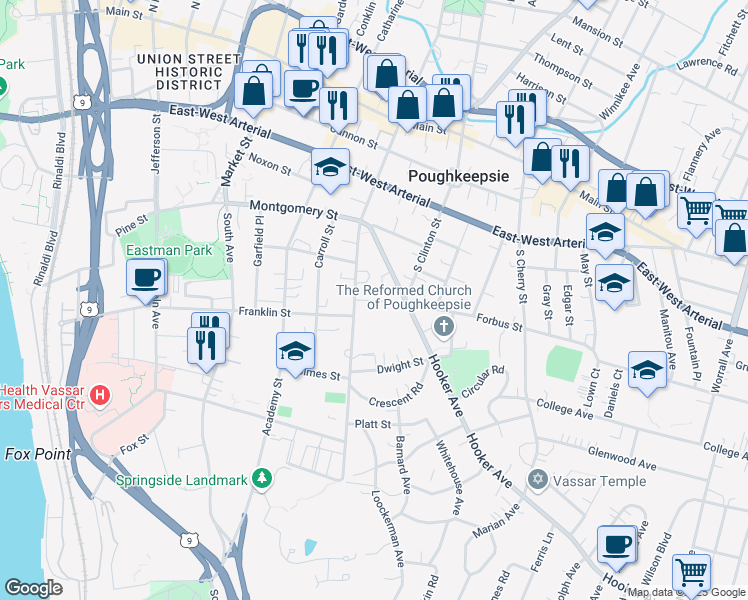 map of restaurants, bars, coffee shops, grocery stores, and more near 33 Hooker Avenue in Poughkeepsie