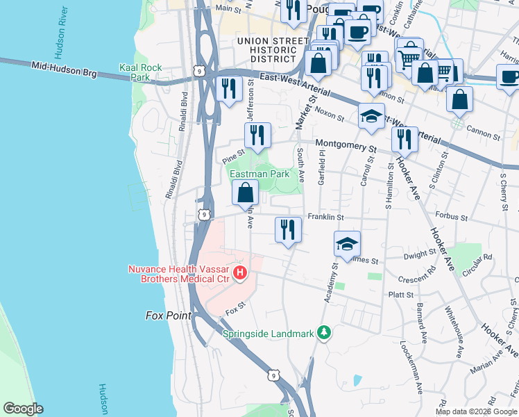 map of restaurants, bars, coffee shops, grocery stores, and more near 22 Lincoln Avenue in Poughkeepsie
