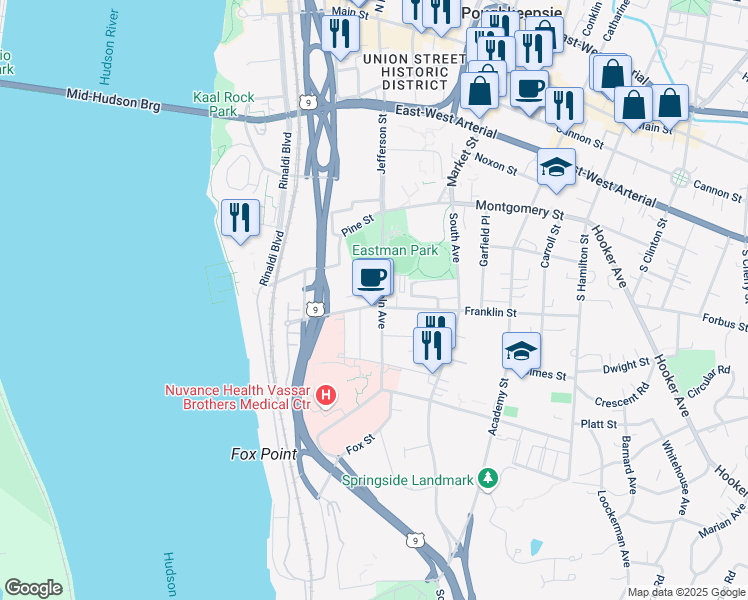 map of restaurants, bars, coffee shops, grocery stores, and more near 30 Columbia Street in Poughkeepsie