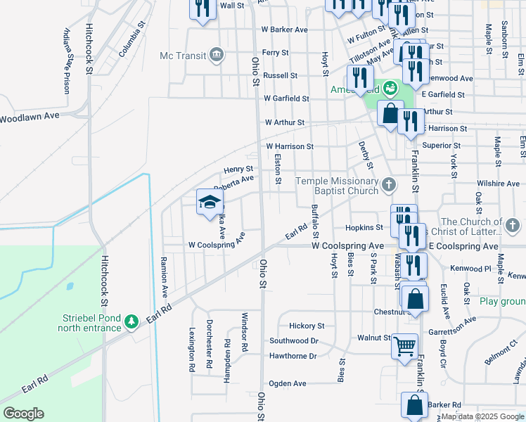 map of restaurants, bars, coffee shops, grocery stores, and more near 2503 Ohio Street in Michigan City