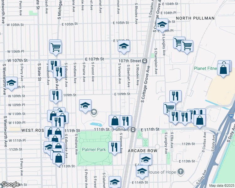 map of restaurants, bars, coffee shops, grocery stores, and more near 10841 South Vernon Avenue in Chicago