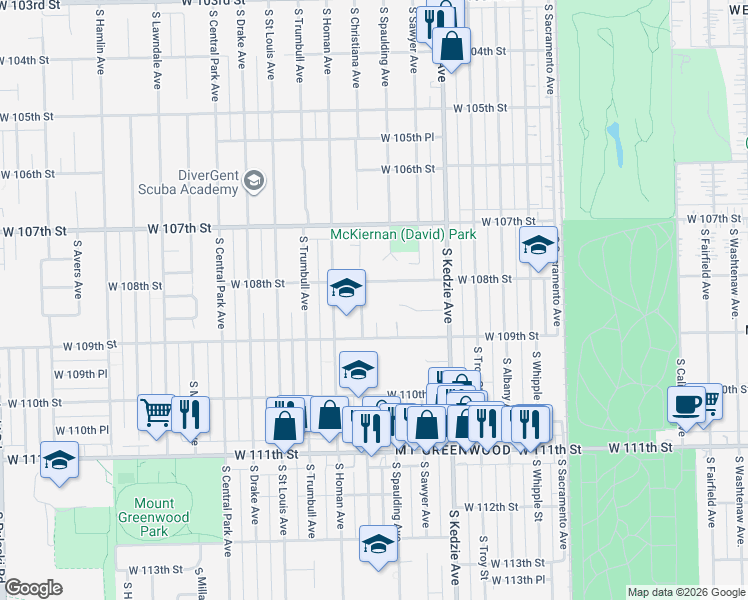 map of restaurants, bars, coffee shops, grocery stores, and more near 3300 West 108th Street in Chicago