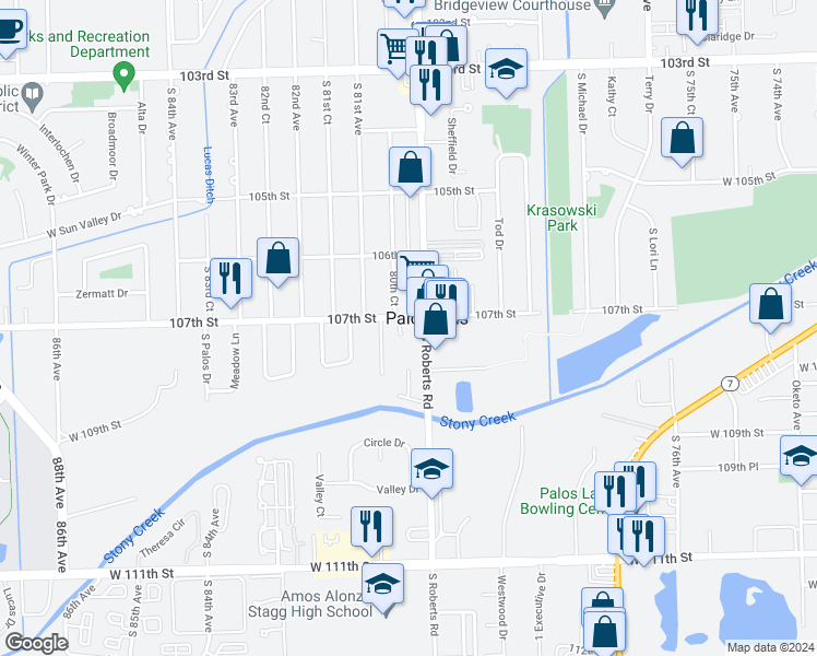 map of restaurants, bars, coffee shops, grocery stores, and more near in Palos Hills
