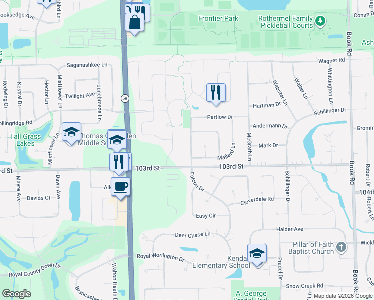 map of restaurants, bars, coffee shops, grocery stores, and more near 3911 Falcon Drive in Naperville