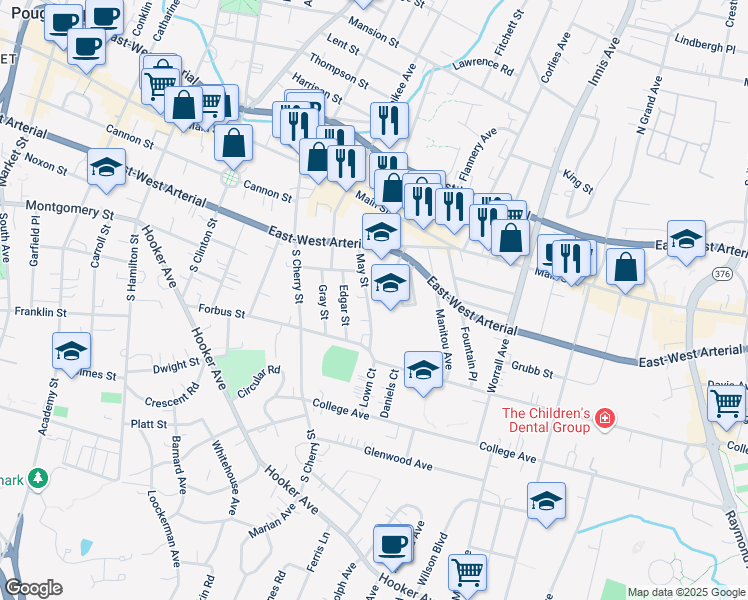 map of restaurants, bars, coffee shops, grocery stores, and more near 32 May Street in Poughkeepsie