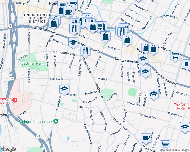 map of restaurants, bars, coffee shops, grocery stores, and more near 65 South Clinton Street in Poughkeepsie