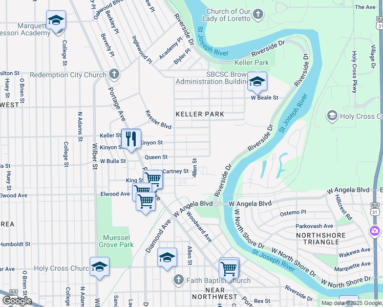 map of restaurants, bars, coffee shops, grocery stores, and more near 1114 Kinyon Street in South Bend