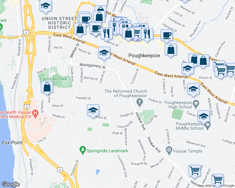 map of restaurants, bars, coffee shops, grocery stores, and more near 33 Hooker Avenue in Poughkeepsie