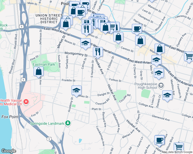 map of restaurants, bars, coffee shops, grocery stores, and more near 33 Hooker Avenue in Poughkeepsie