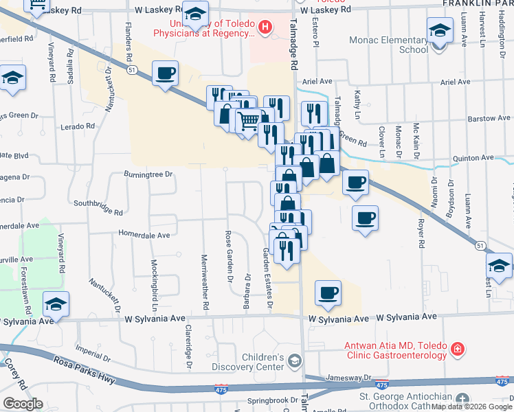 map of restaurants, bars, coffee shops, grocery stores, and more near 4343 Clarewood Drive in Toledo