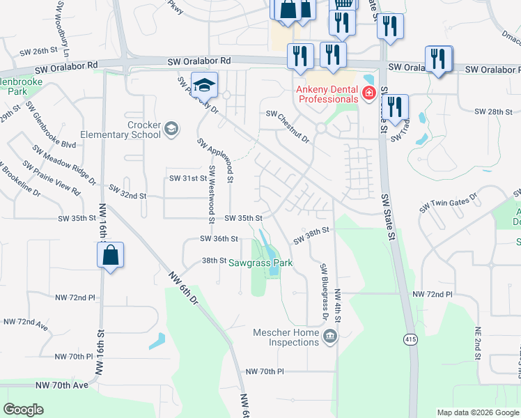 map of restaurants, bars, coffee shops, grocery stores, and more near 2158 Southwest 35th Street in Ankeny