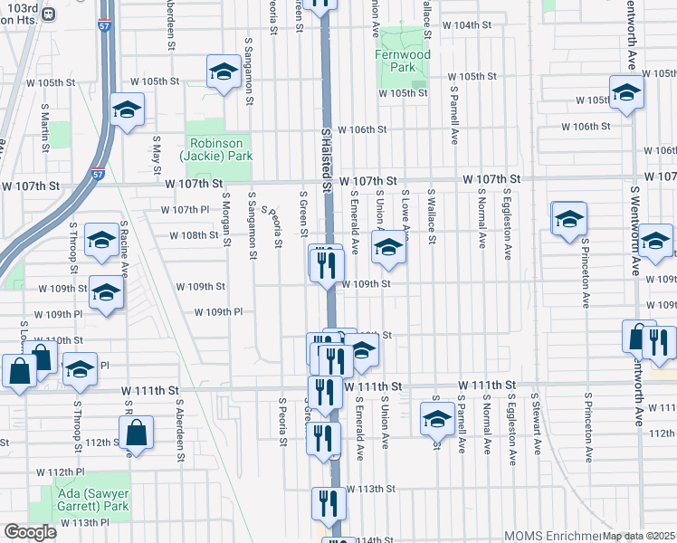 map of restaurants, bars, coffee shops, grocery stores, and more near 10831 South Halsted Street in Chicago