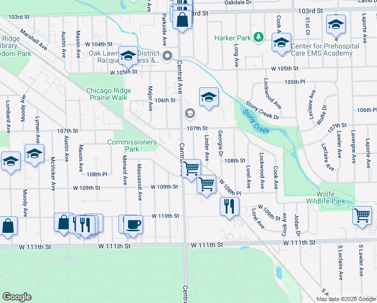 map of restaurants, bars, coffee shops, grocery stores, and more near 10720 South Washington Street in Oak Lawn