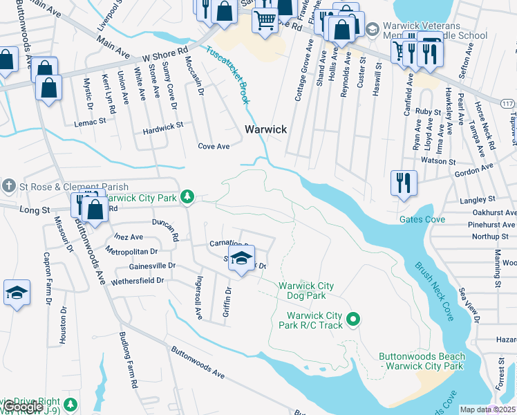 map of restaurants, bars, coffee shops, grocery stores, and more near Steven O' Connor Boulevard in Warwick