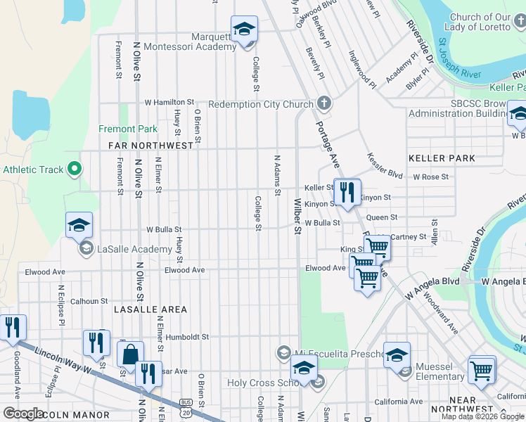 map of restaurants, bars, coffee shops, grocery stores, and more near 1645 College Street in South Bend