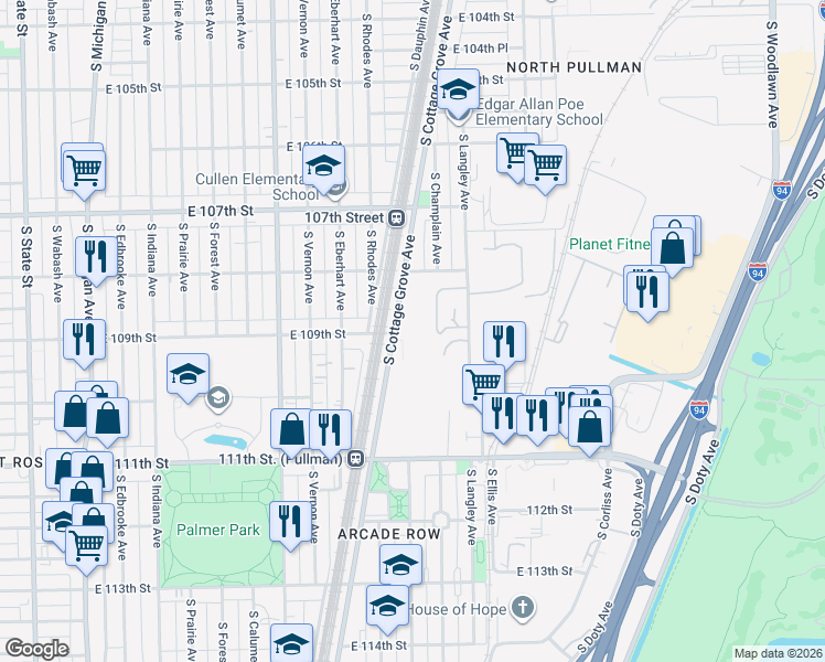 map of restaurants, bars, coffee shops, grocery stores, and more near 10909 South Cottage Grove Avenue in Chicago