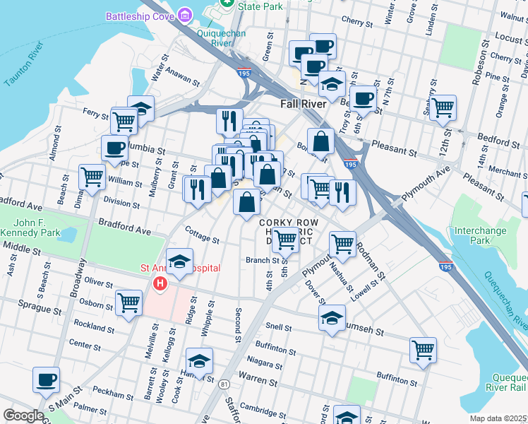 map of restaurants, bars, coffee shops, grocery stores, and more near 378 Third Street in Fall River