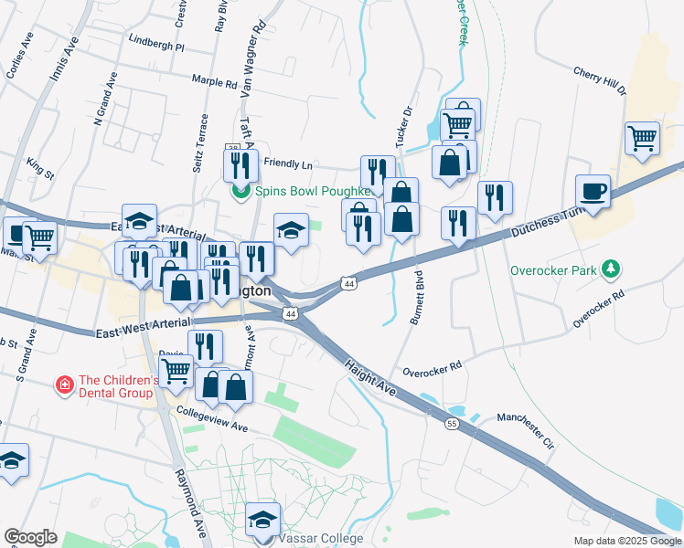 map of restaurants, bars, coffee shops, grocery stores, and more near 619 Dutchess Turnpike in Arlington