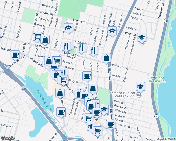 map of restaurants, bars, coffee shops, grocery stores, and more near 65 Haffards Street in Fall River