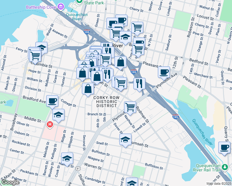 map of restaurants, bars, coffee shops, grocery stores, and more near 208 Rodman Street in Fall River