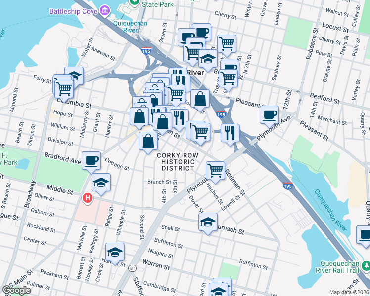 map of restaurants, bars, coffee shops, grocery stores, and more near 208 Rodman Street in Fall River