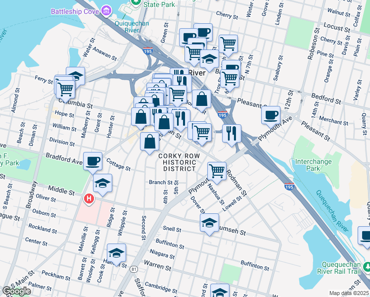 map of restaurants, bars, coffee shops, grocery stores, and more near 208 Rodman Street in Fall River