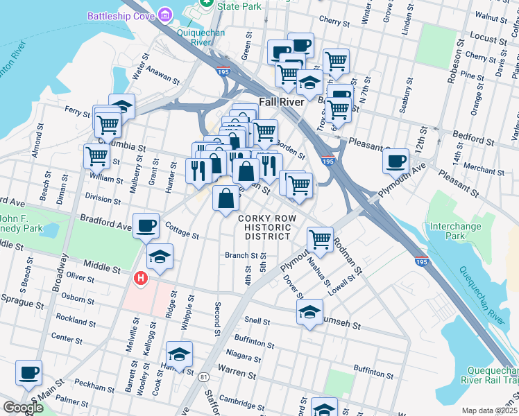 map of restaurants, bars, coffee shops, grocery stores, and more near 378 Third Street in Fall River