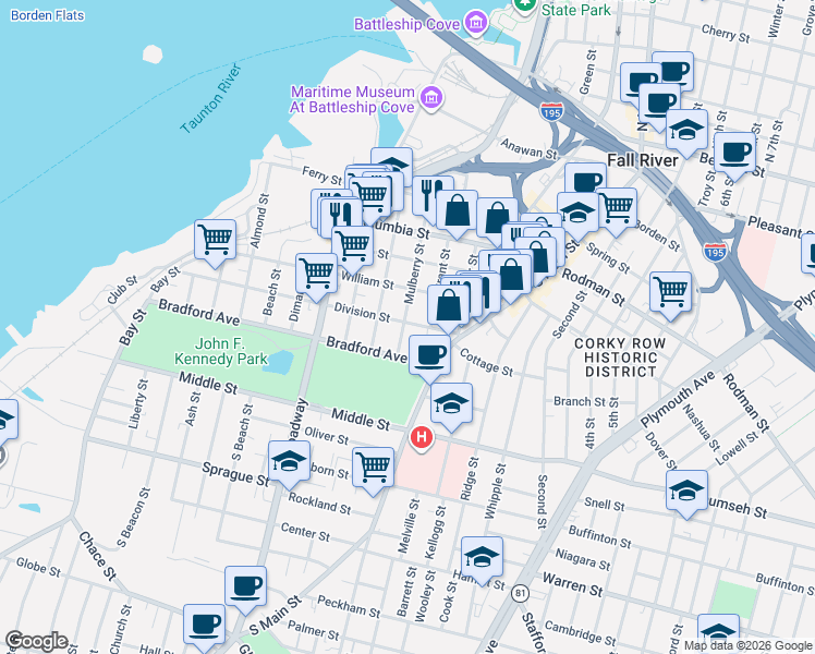 map of restaurants, bars, coffee shops, grocery stores, and more near 306 Mulberry Street in Fall River