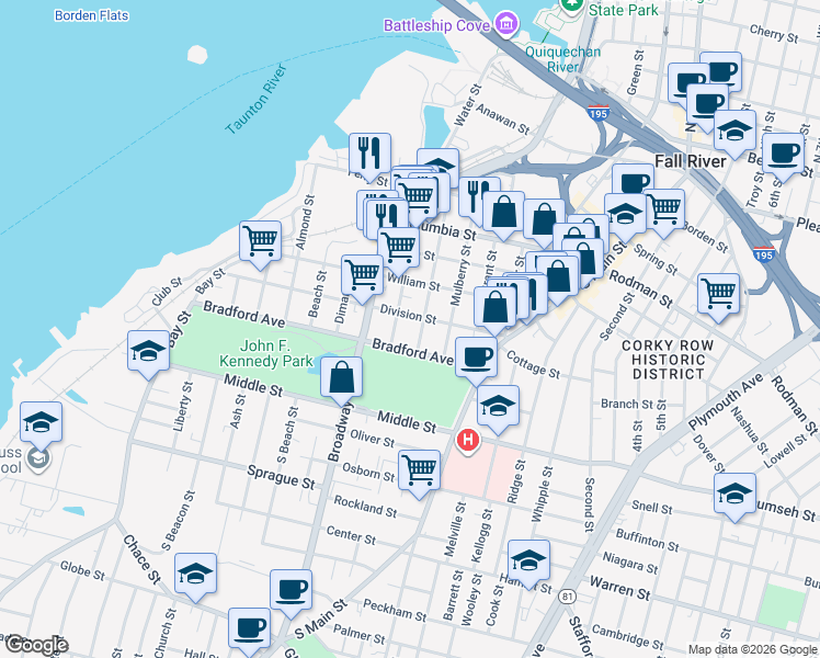 map of restaurants, bars, coffee shops, grocery stores, and more near 424 Division Street in Fall River
