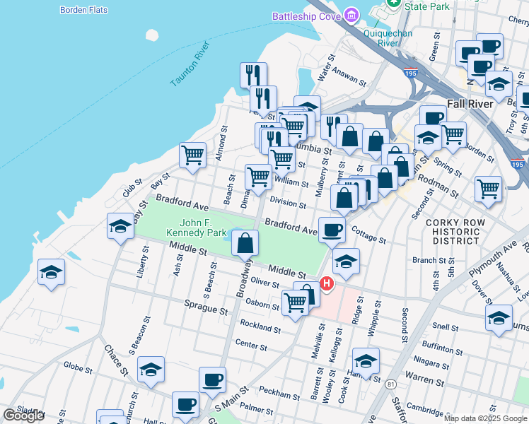 map of restaurants, bars, coffee shops, grocery stores, and more near 288 Broadway in Fall River