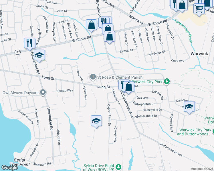 map of restaurants, bars, coffee shops, grocery stores, and more near 31 Burnside Street in Warwick