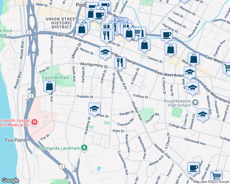 map of restaurants, bars, coffee shops, grocery stores, and more near 33 Hooker Avenue in Poughkeepsie