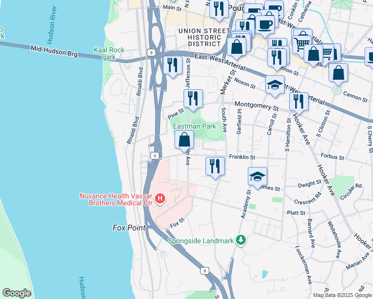 map of restaurants, bars, coffee shops, grocery stores, and more near 22 Lincoln Avenue in Poughkeepsie