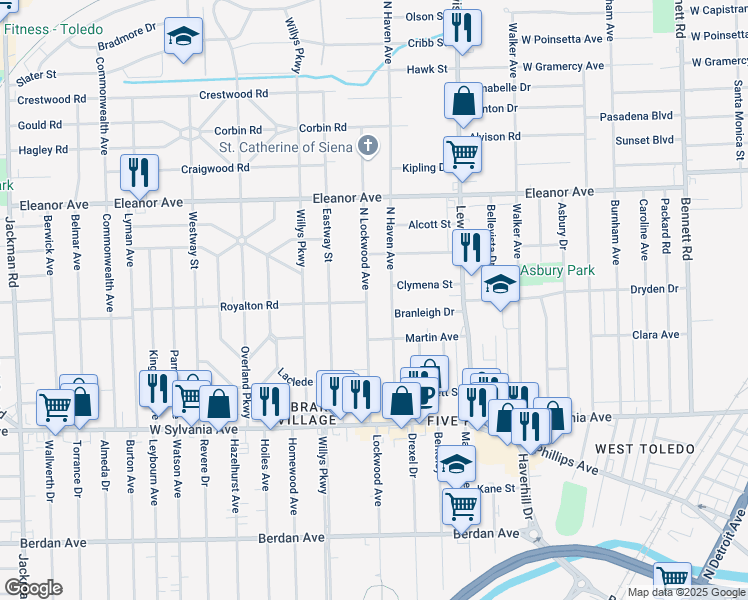 map of restaurants, bars, coffee shops, grocery stores, and more near 4308 North Lockwood Avenue in Toledo