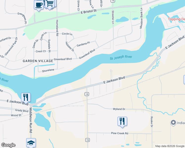 map of restaurants, bars, coffee shops, grocery stores, and more near 54942 Woodhold Court in Elkhart