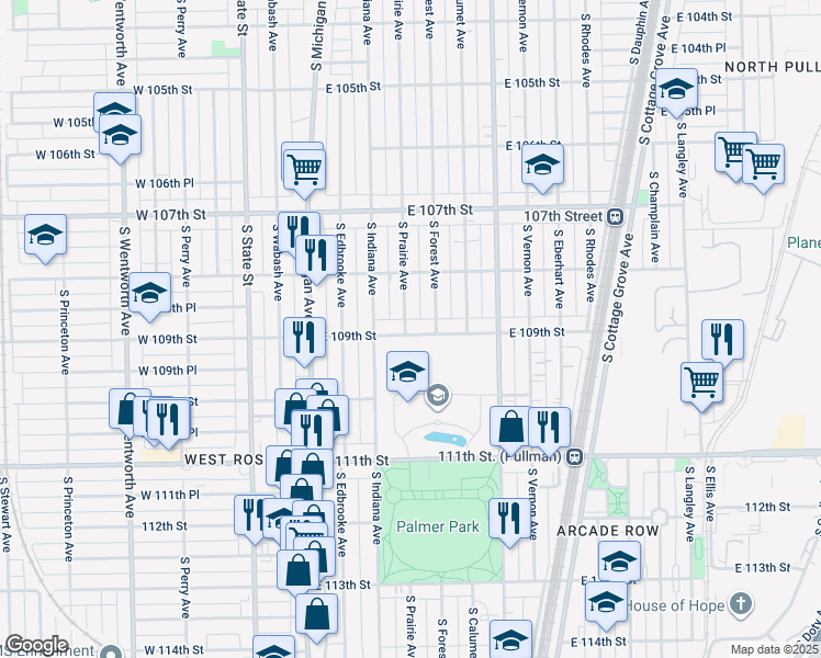 map of restaurants, bars, coffee shops, grocery stores, and more near 10840 South Forest Avenue in Chicago