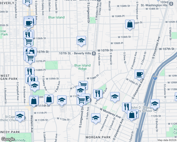 map of restaurants, bars, coffee shops, grocery stores, and more near 10811 South Longwood Drive in Chicago